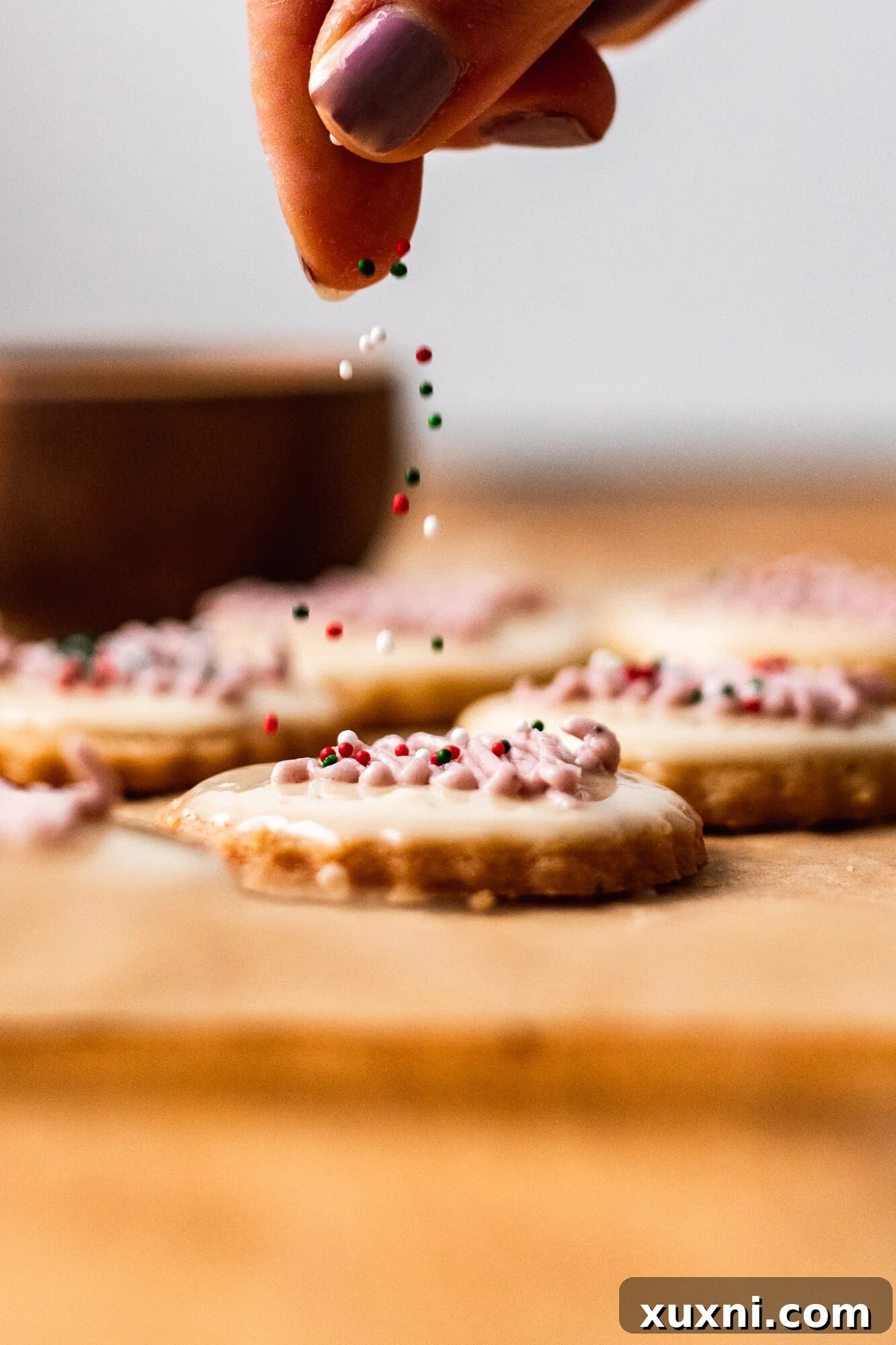 Christmas sprinkles on vegan shortbread cookie