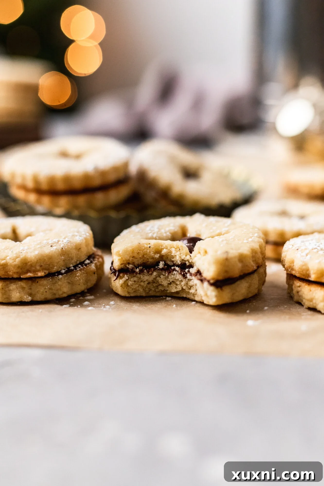 Platter of delicious vegan Nutella Linzer cookies, dusted with powdered sugar