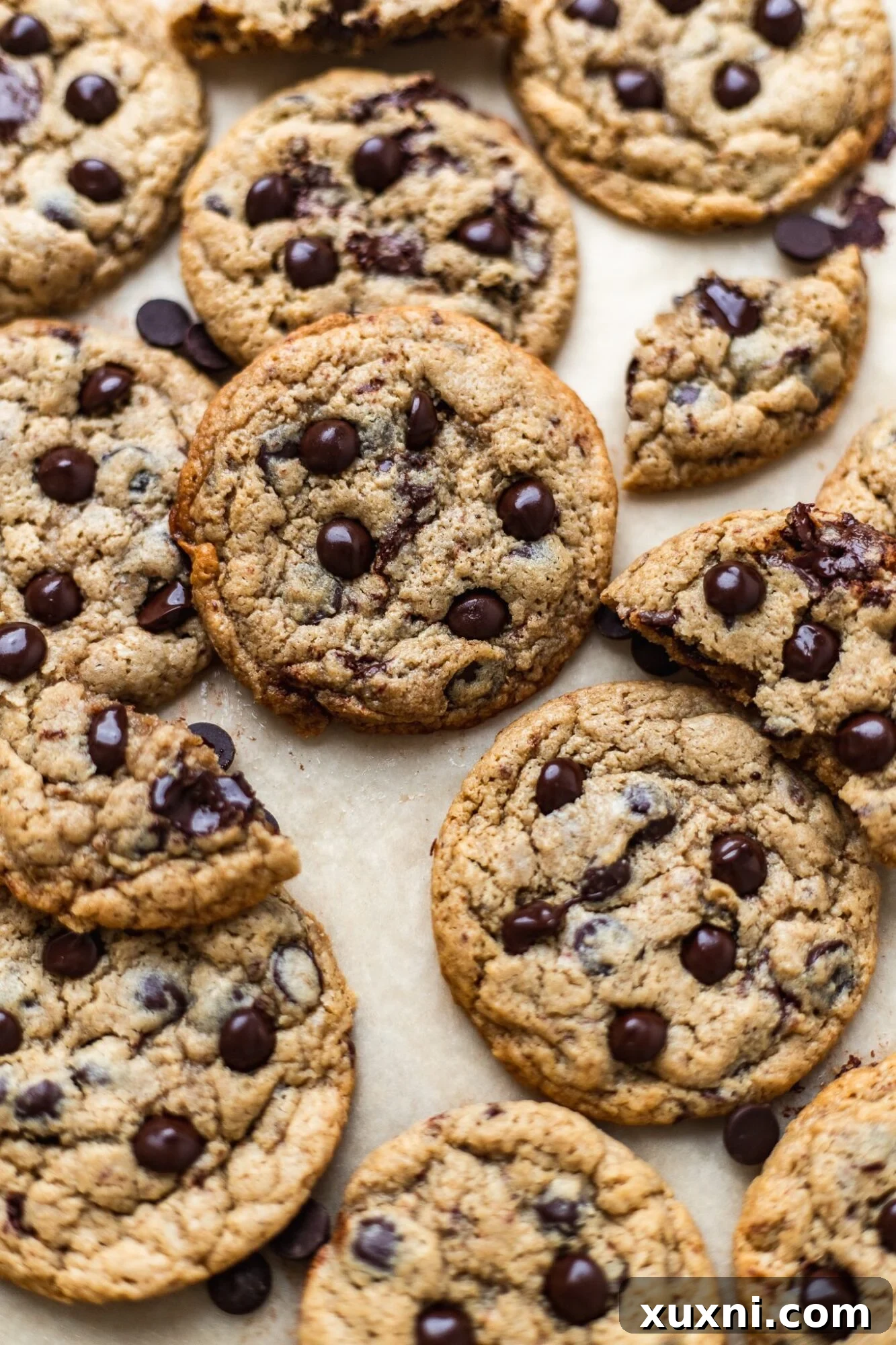 Close-up of a stack of vegan chocolate chip cookies