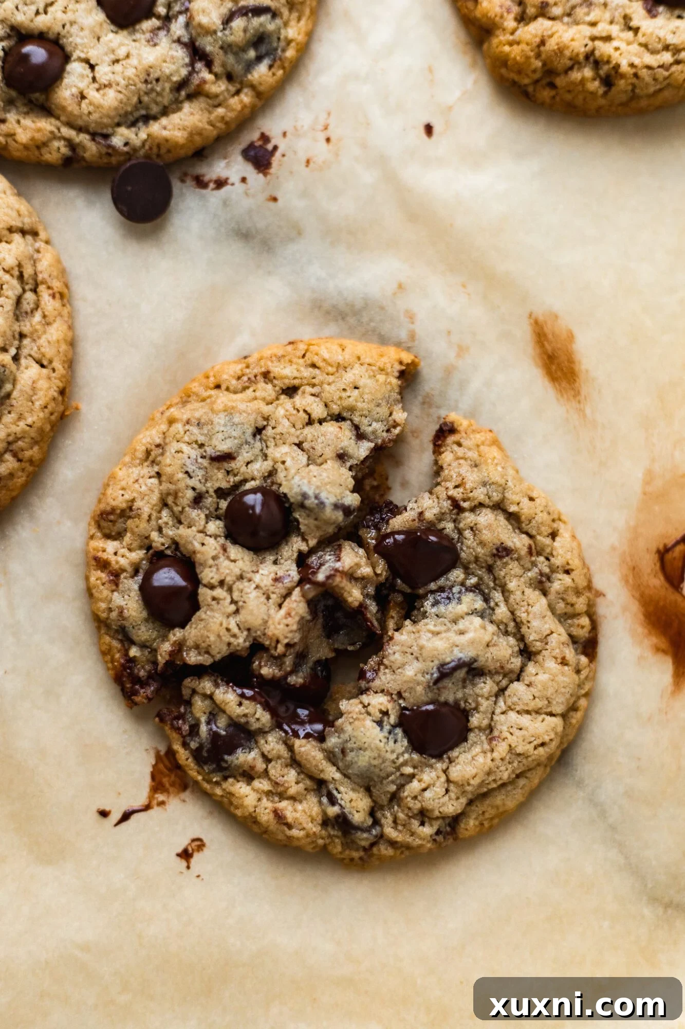 Close-up of a broken vegan gluten free chocolate chip cookie revealing its chewy interior