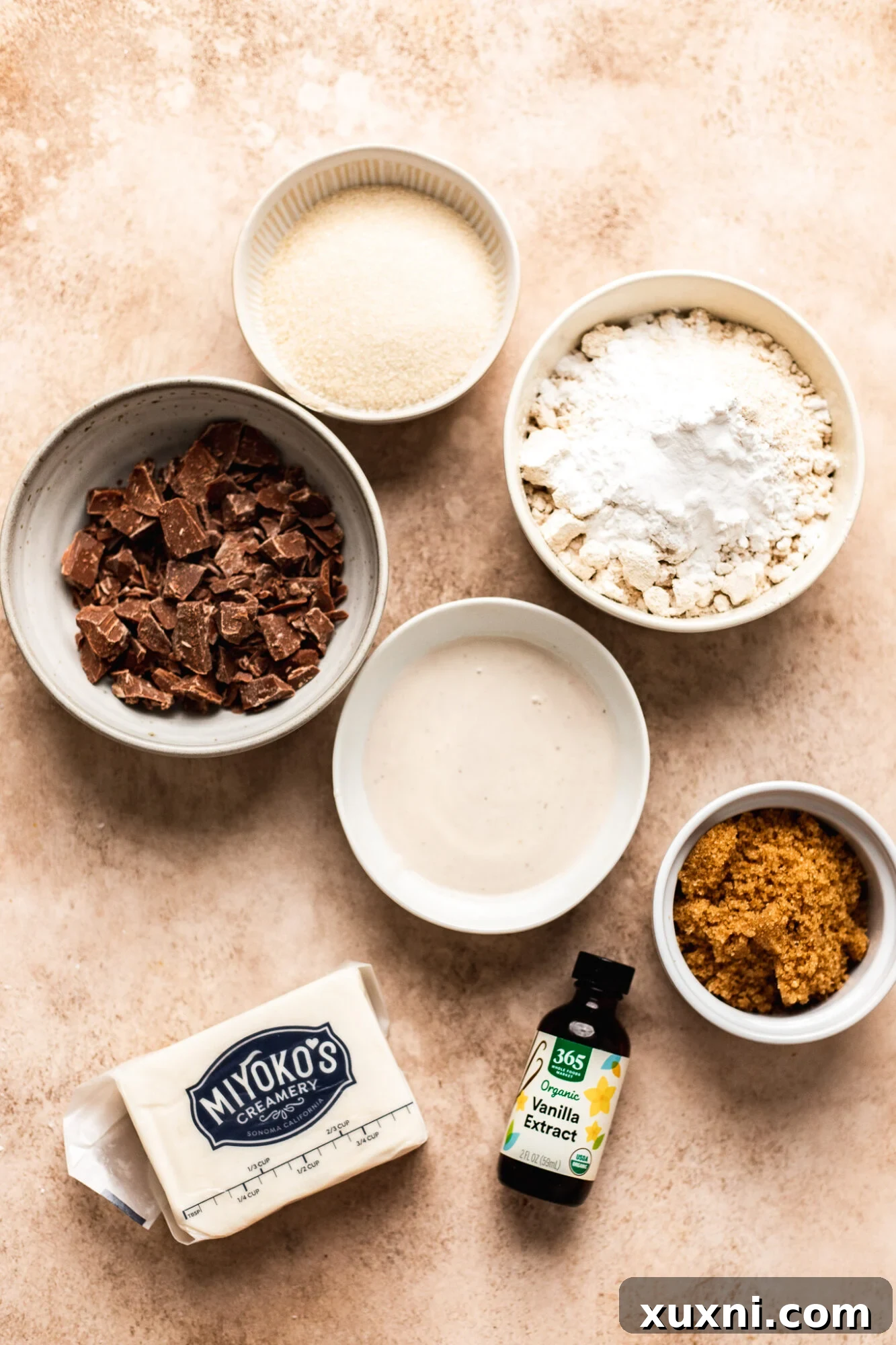 Ingredients for vegan gluten free chocolate chip cookies with oat flour