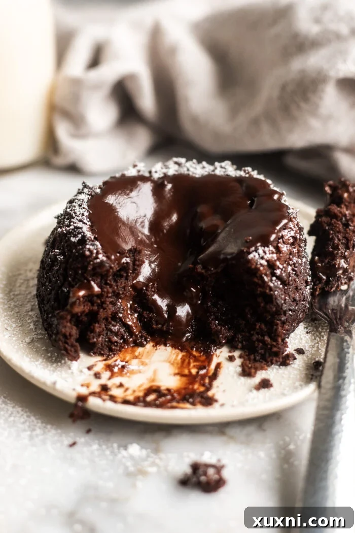 Decadent molten vegan lava cake on a plate, showing its rich chocolate exterior.