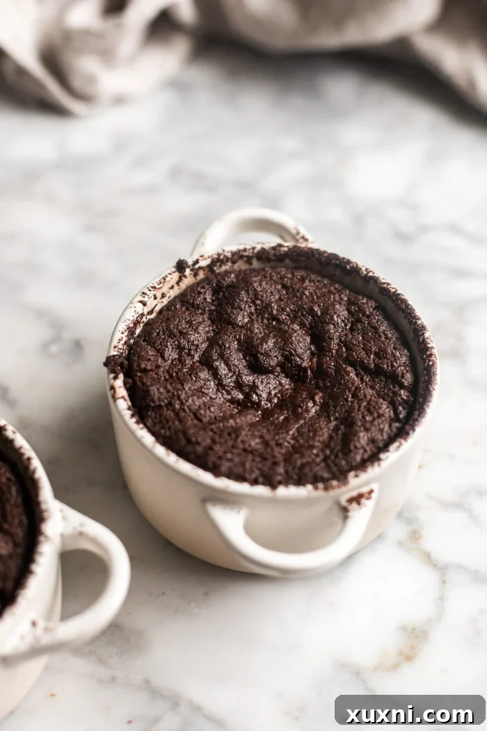 Freshly baked vegan lava cake, golden edges and soft center.