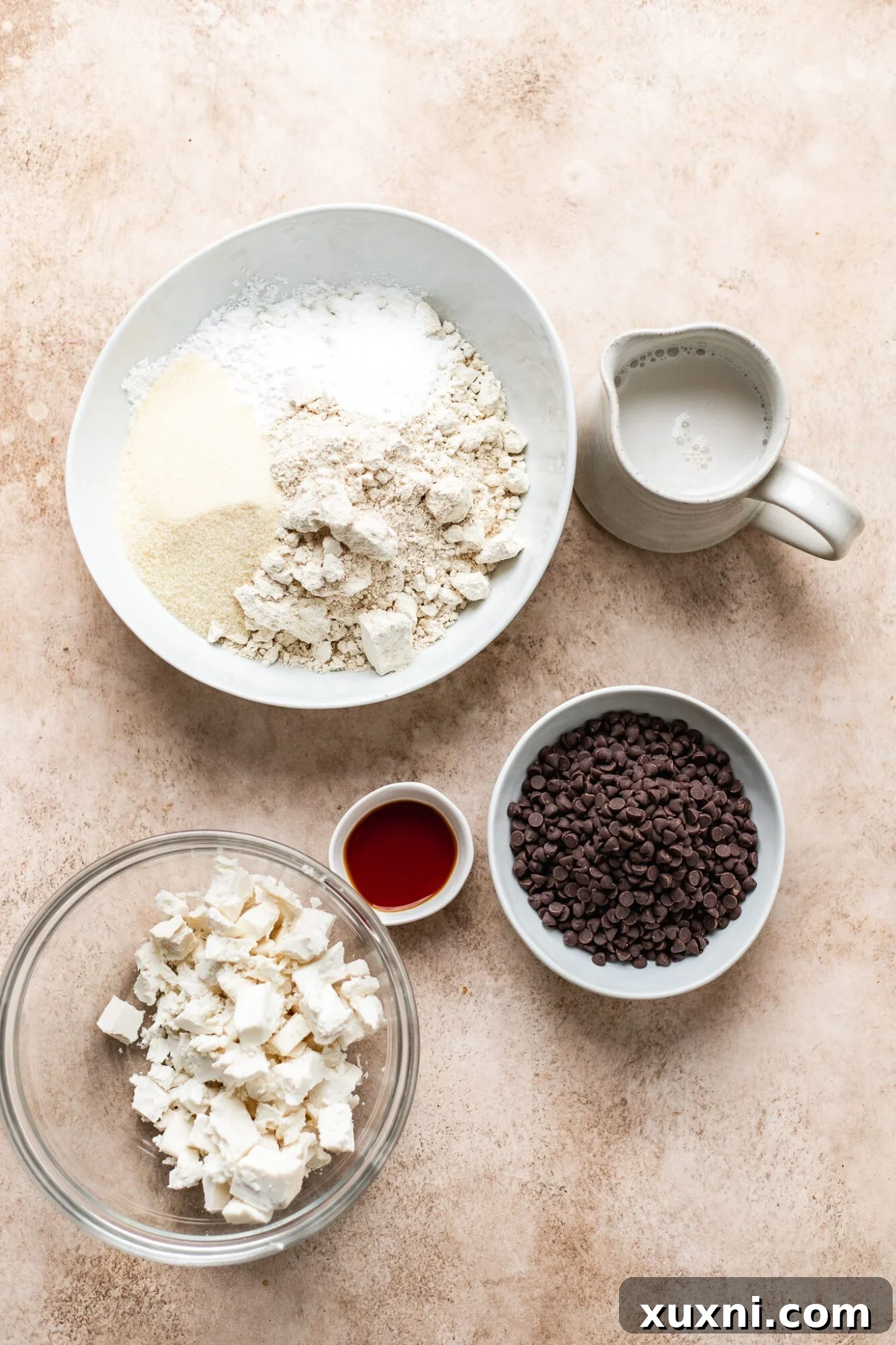 Ultimate Vegan Gluten-Free Chocolate Chip Scones 4 Vegan scones ingredients laid out on a table