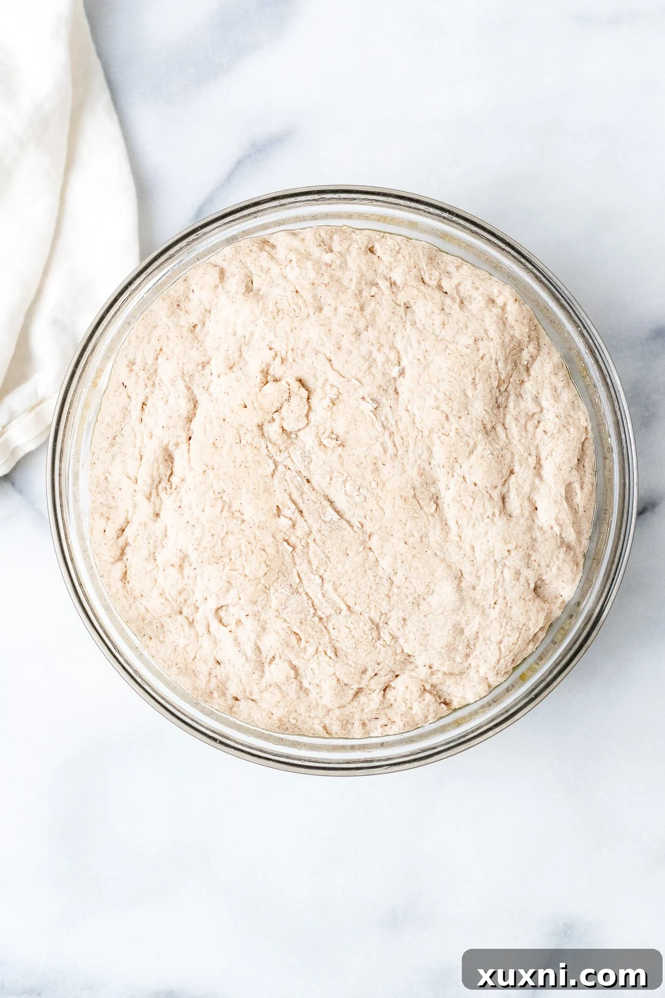 Gluten-free vegan dough after its first proof, significantly doubled in size within the mixing bowl.
