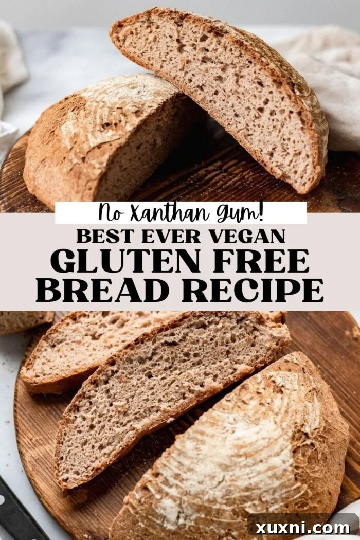 A beautifully sliced gluten-free vegan artisan bread, showcasing its perfect texture, on a wooden cutting board.