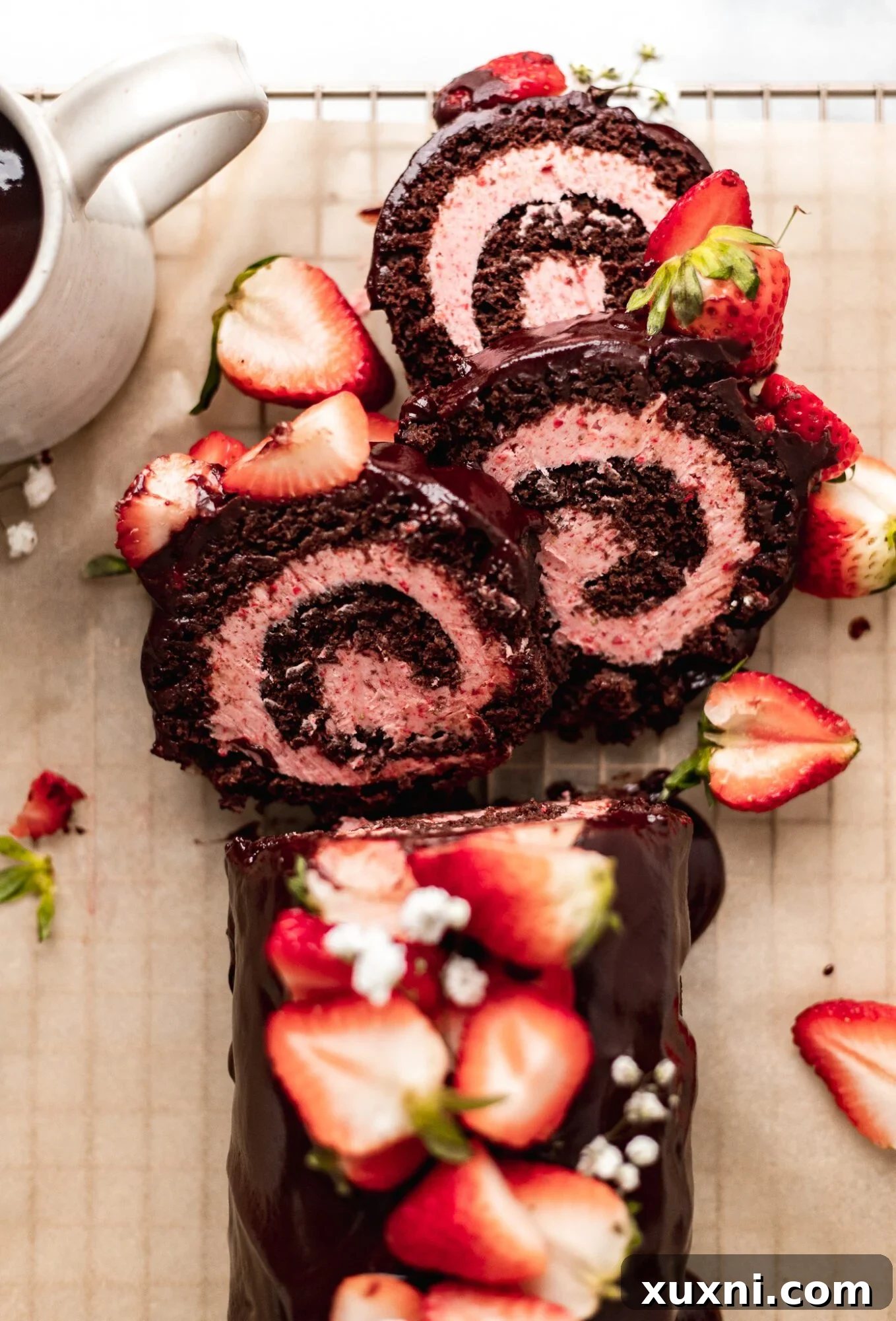 slices of vegan chocolate Swiss roll