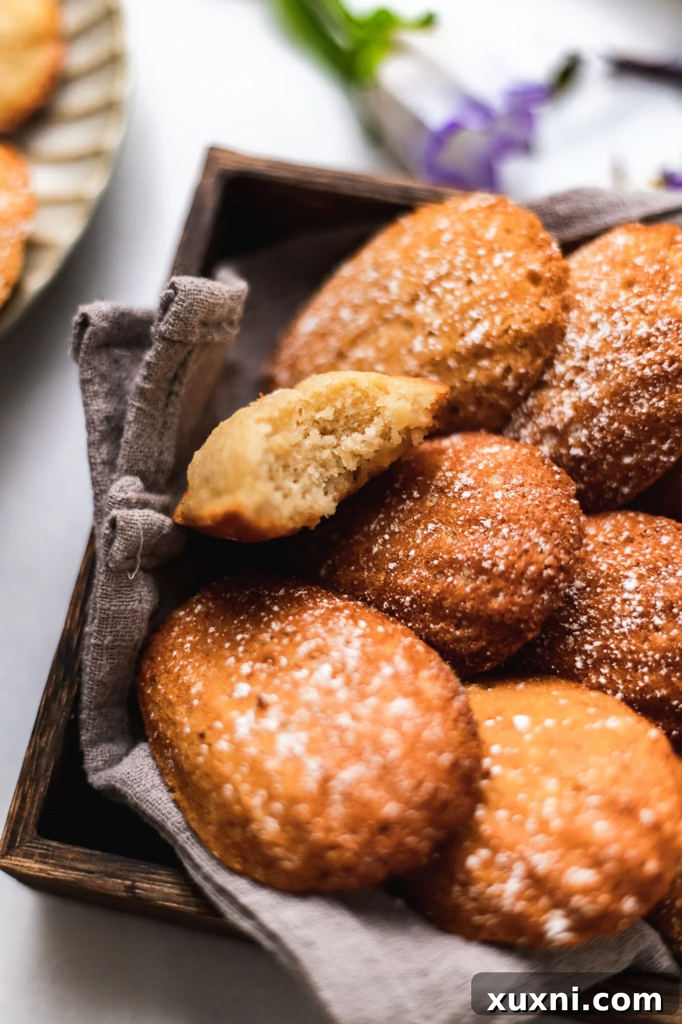 bitten Madeleine - a close up of a vegan madeleine with a perfect hump