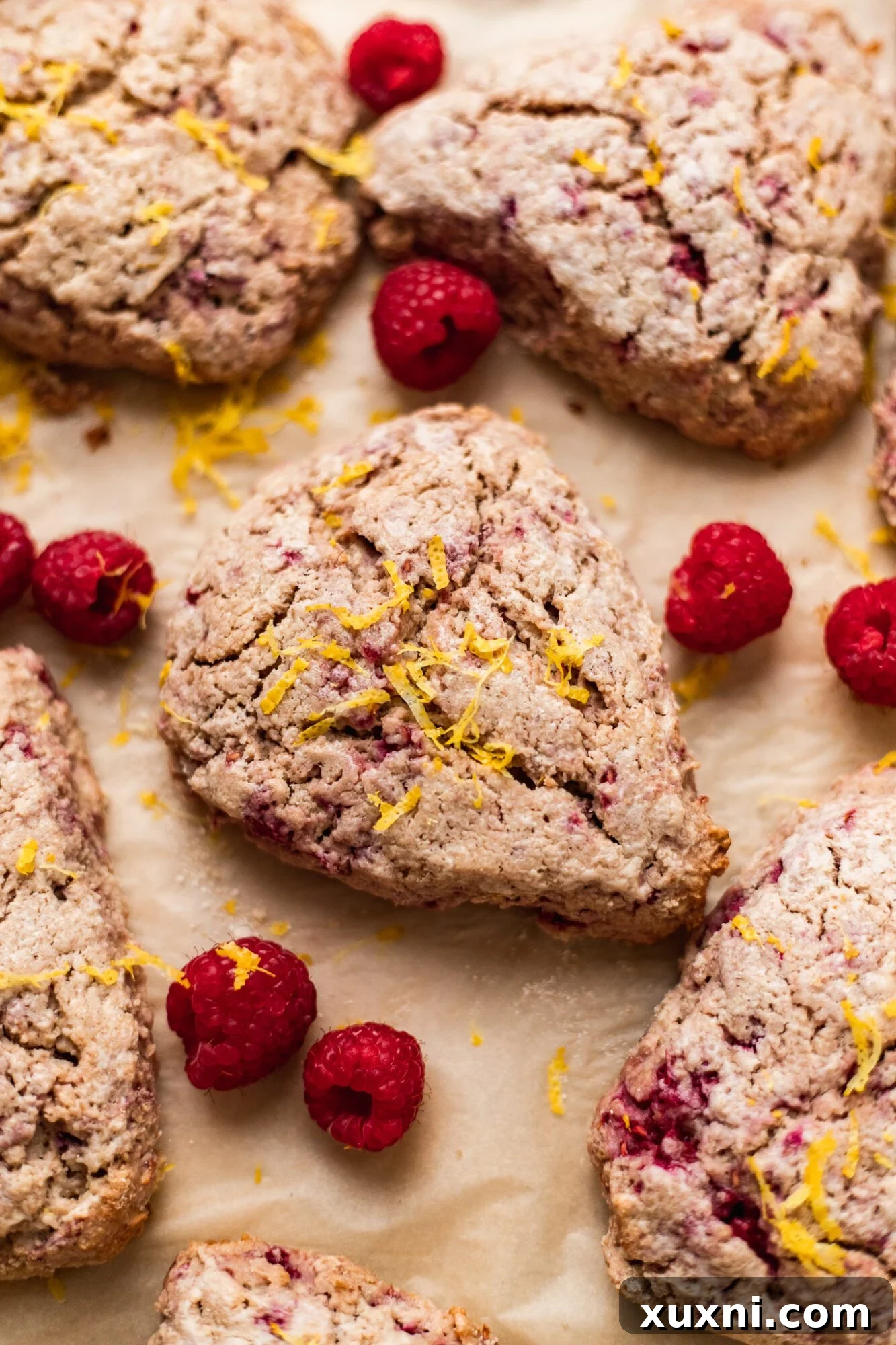 Easy Vegan Lemon Raspberry Scones - Perfectly tender, moist, and sweet gluten-free scones for breakfast or brunch.