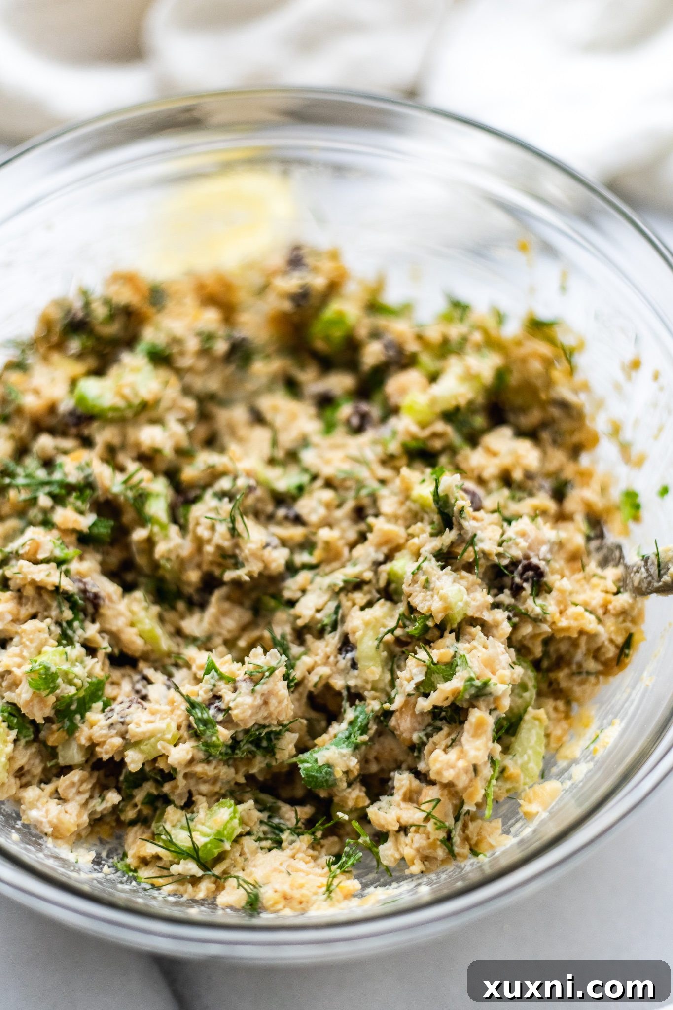 Plant Based Chickpea Tuna Salad 7 Finished vegan tuna salad, with all ingredients mixed together evenly, showing its creamy and chunky texture.