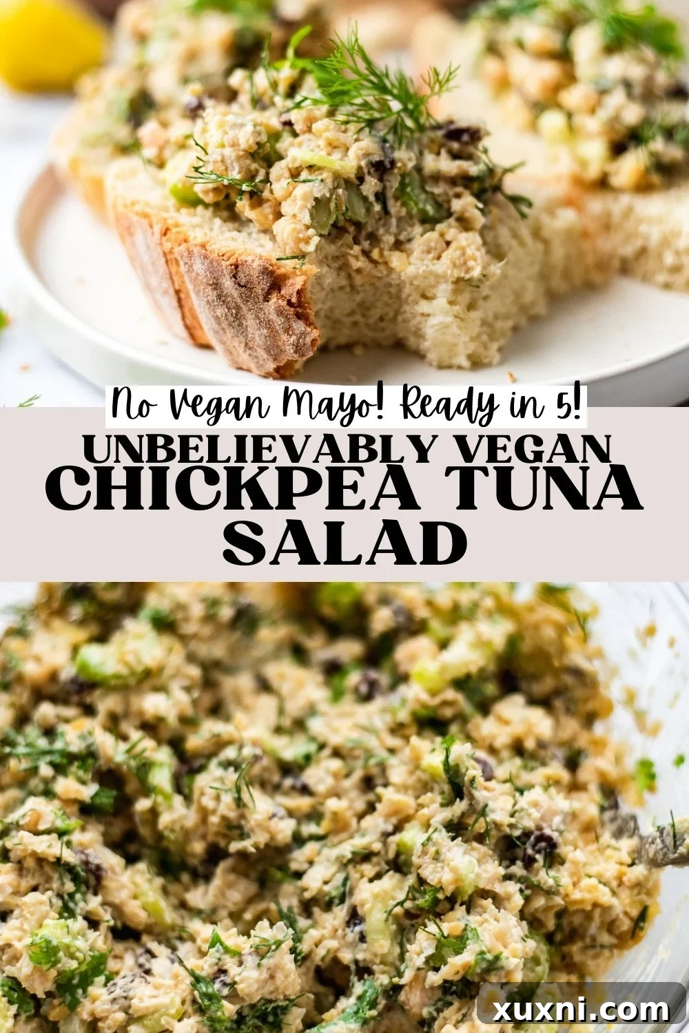 Plant Based Chickpea Tuna Salad 9 Pinterest pin graphic featuring the vegan tuna salad recipe, encouraging users to save it.