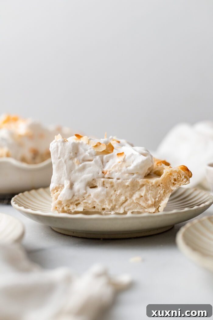 A delectable slice of vegan coconut cream pie on a white plate, showcasing its creamy filling and fluffy whipped topping.