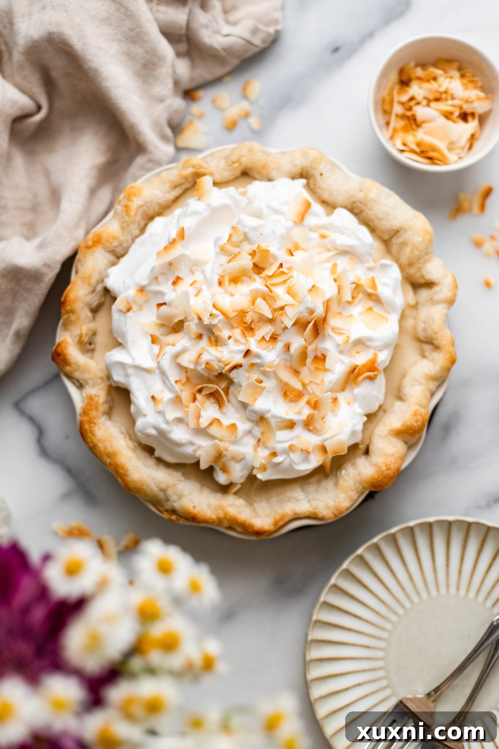 A full vegan coconut cream pie, generously topped with toasted coconut flakes, ready to be sliced and served.