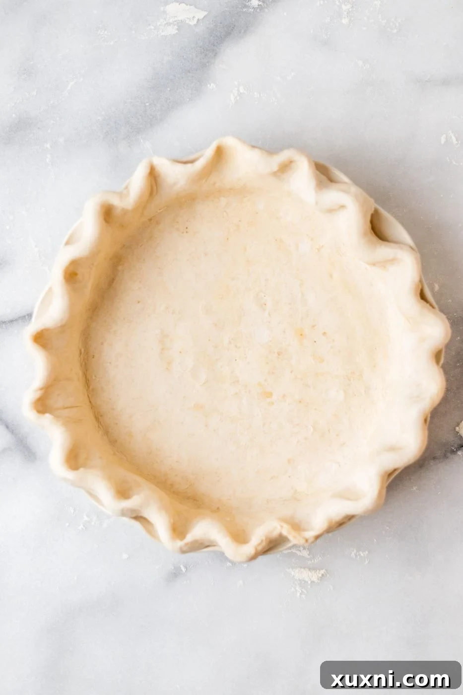 Raw pie crust neatly fitted into a pie dish, ready for baking.