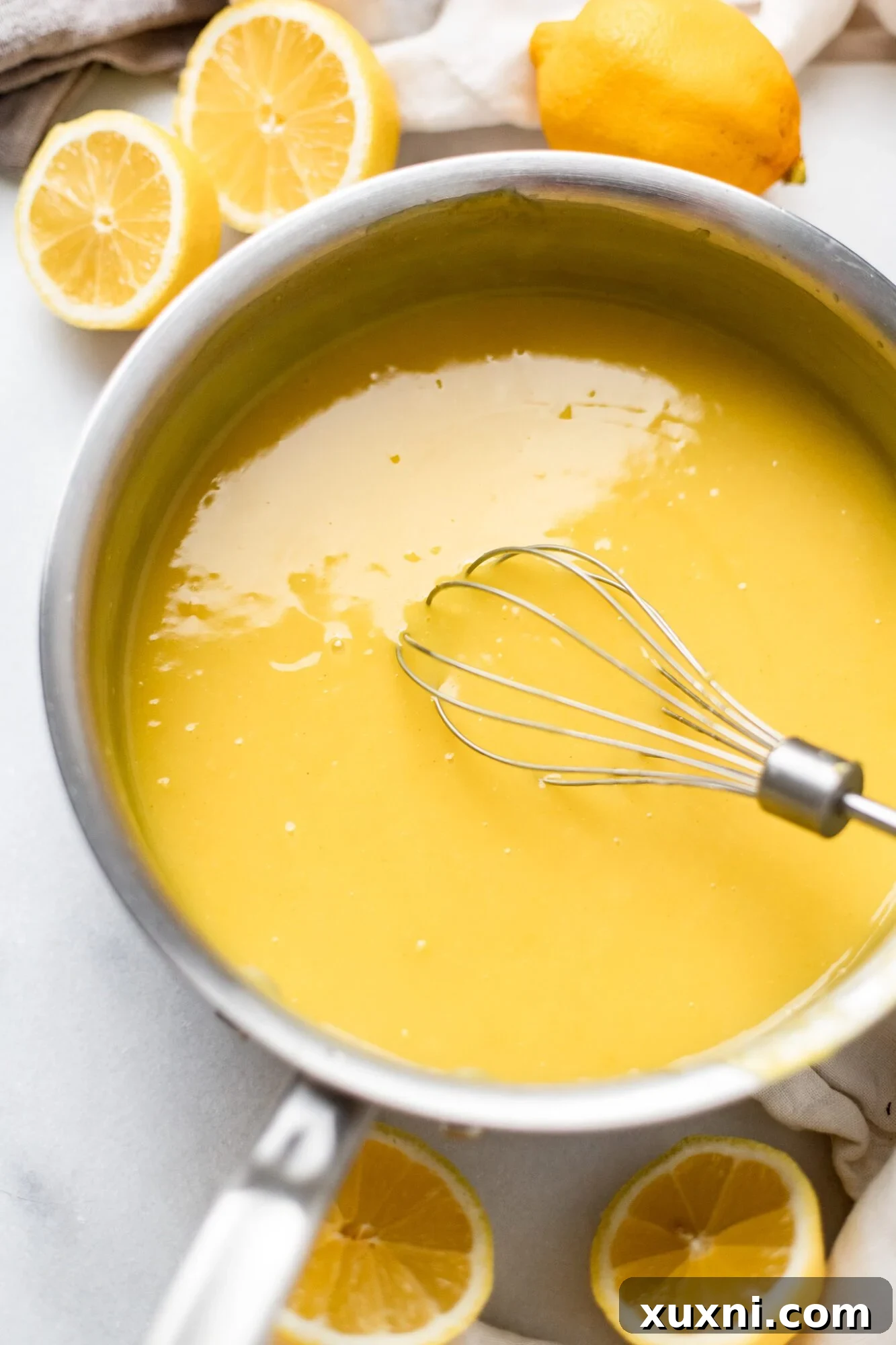 vegan lemon pie filling - A close-up of the smooth, golden vegan lemon pie filling before it is topped with meringue.