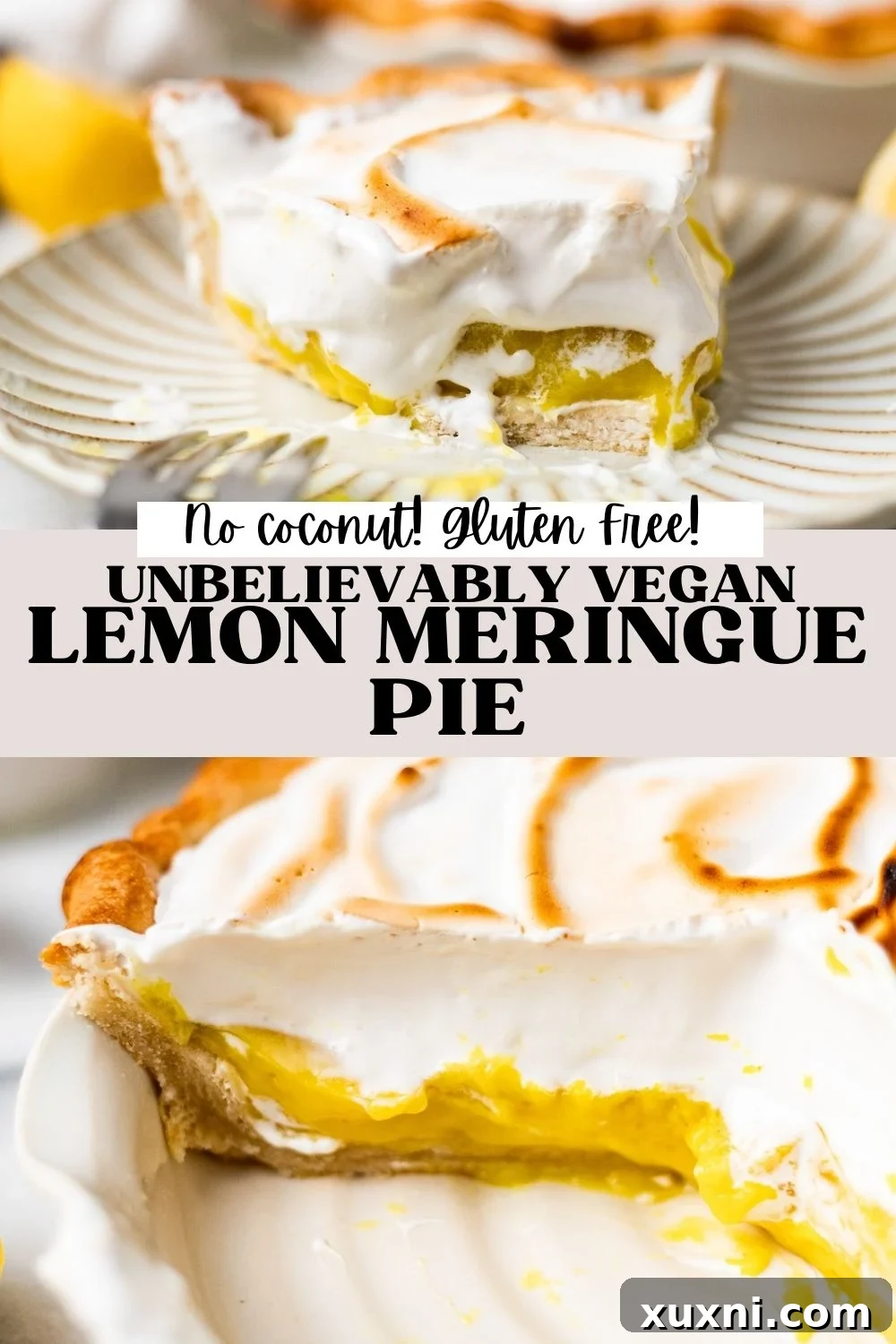 BEST Vegan Lemon Meringue Pie (Gluten Free!) - A vertical pin-friendly image of the vegan lemon meringue pie.