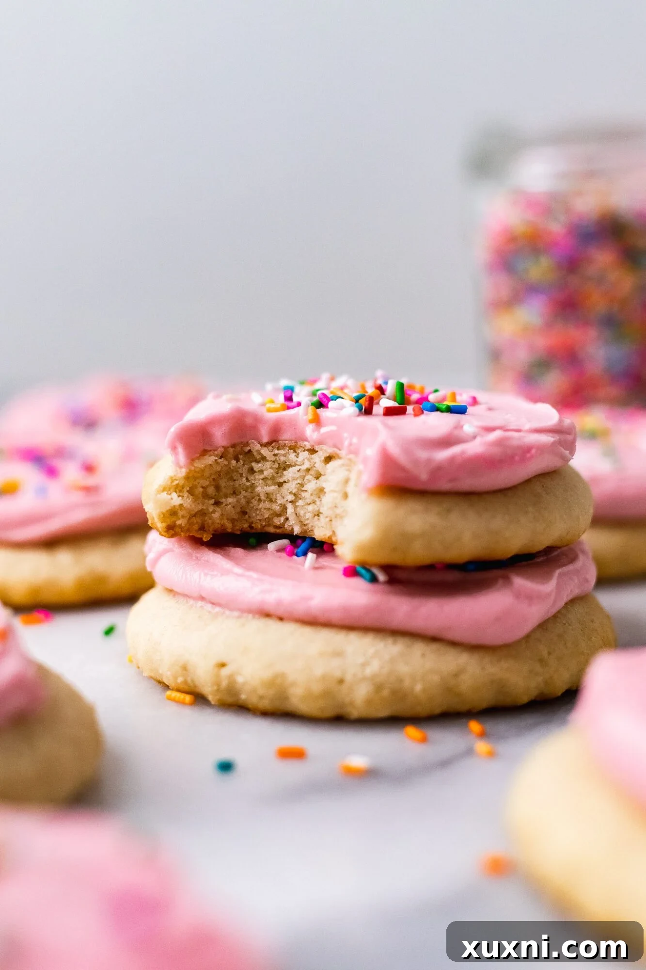 close up of bitten vegan Lofthouse Cookies showing soft interior