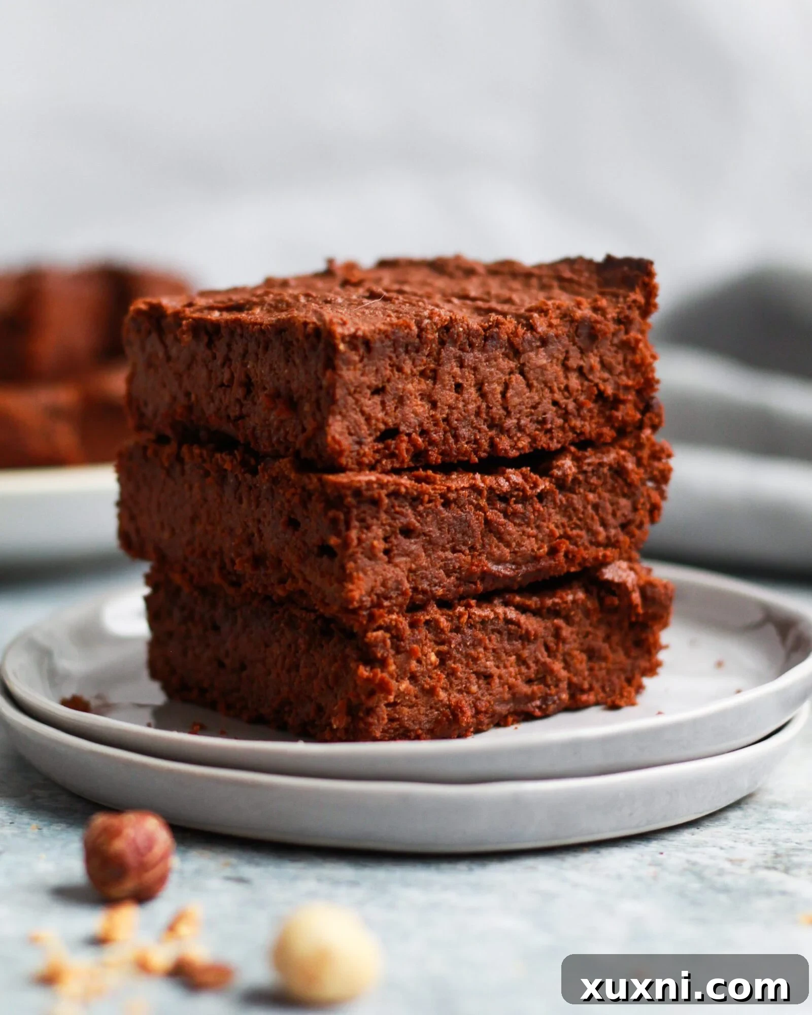 Stack of healthy vegan Nutella brownies, showcasing their rich, dark brown color and inviting texture.