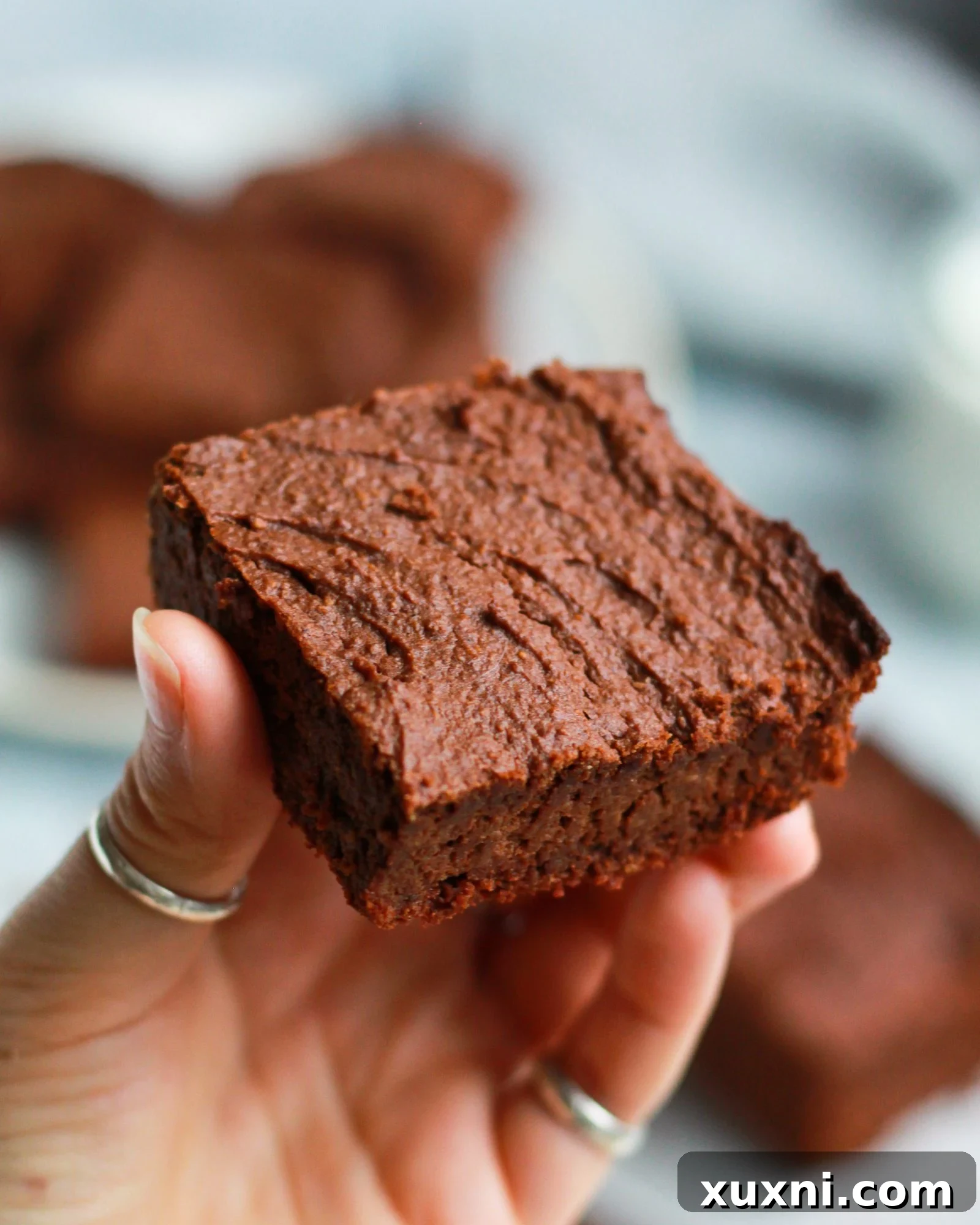 A hand holding a single healthy vegan Nutella brownie, showcasing its delicious texture and tempting appeal.