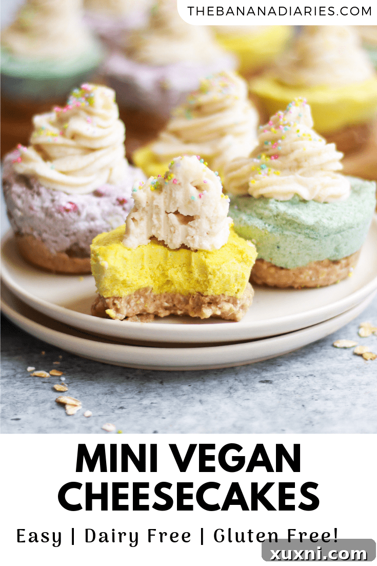 Pinterest image for mini raw vegan cheesecakes, highlighting their no-bake, dairy-free, and gluten-free qualities.