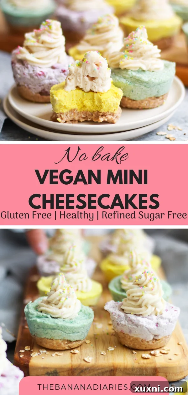 Another Pinterest image featuring colorful mini vegan cheesecakes, perfect for spring and Easter.