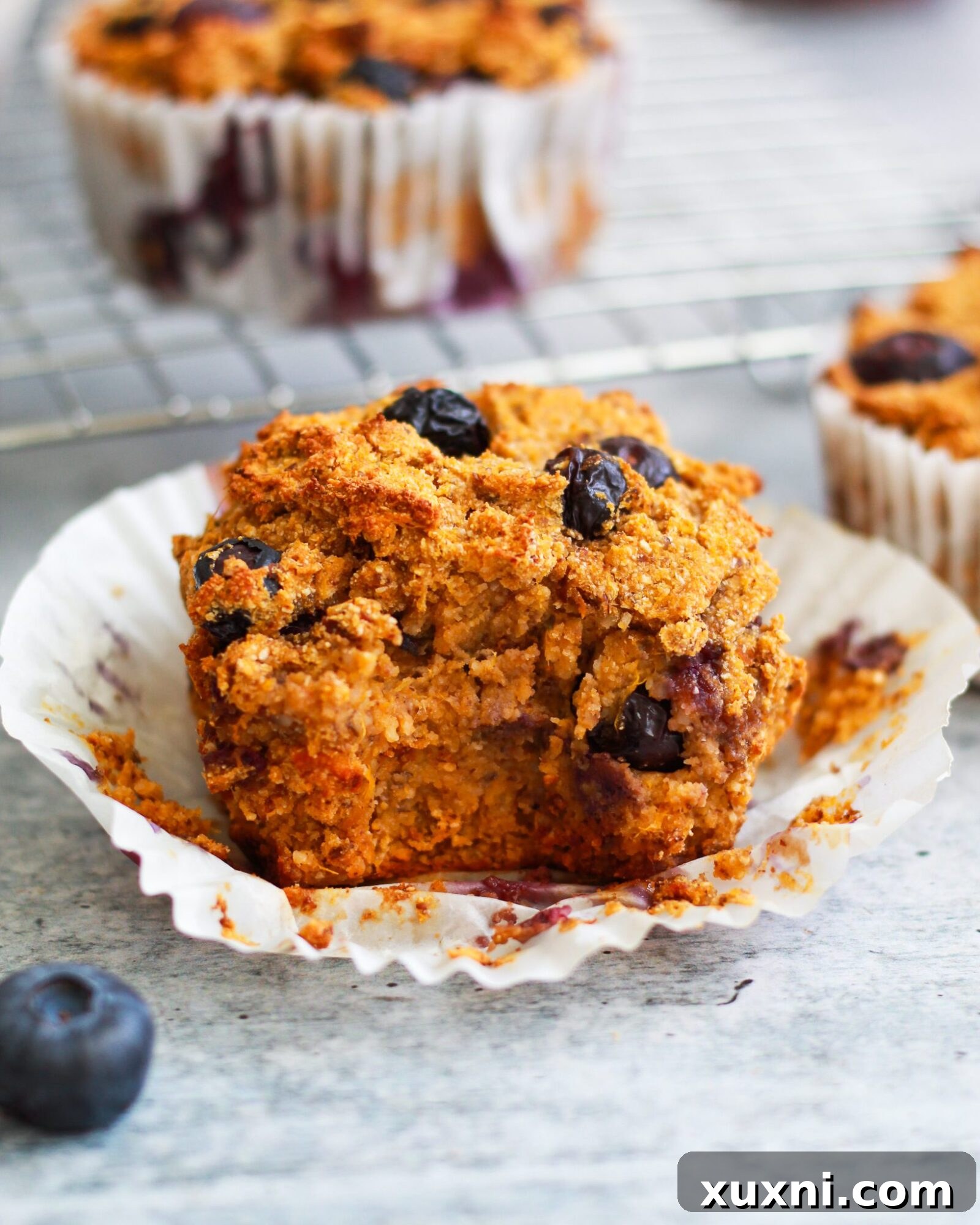 Another close-up of a vegan blueberry muffin with a bite taken out, highlighting its texture and fruit distribution.