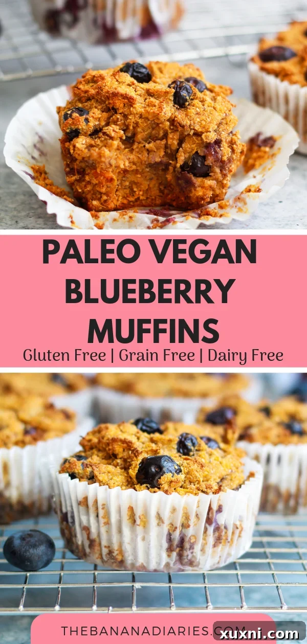 Collage of vegan blueberry muffins images, optimized for Pinterest saving.