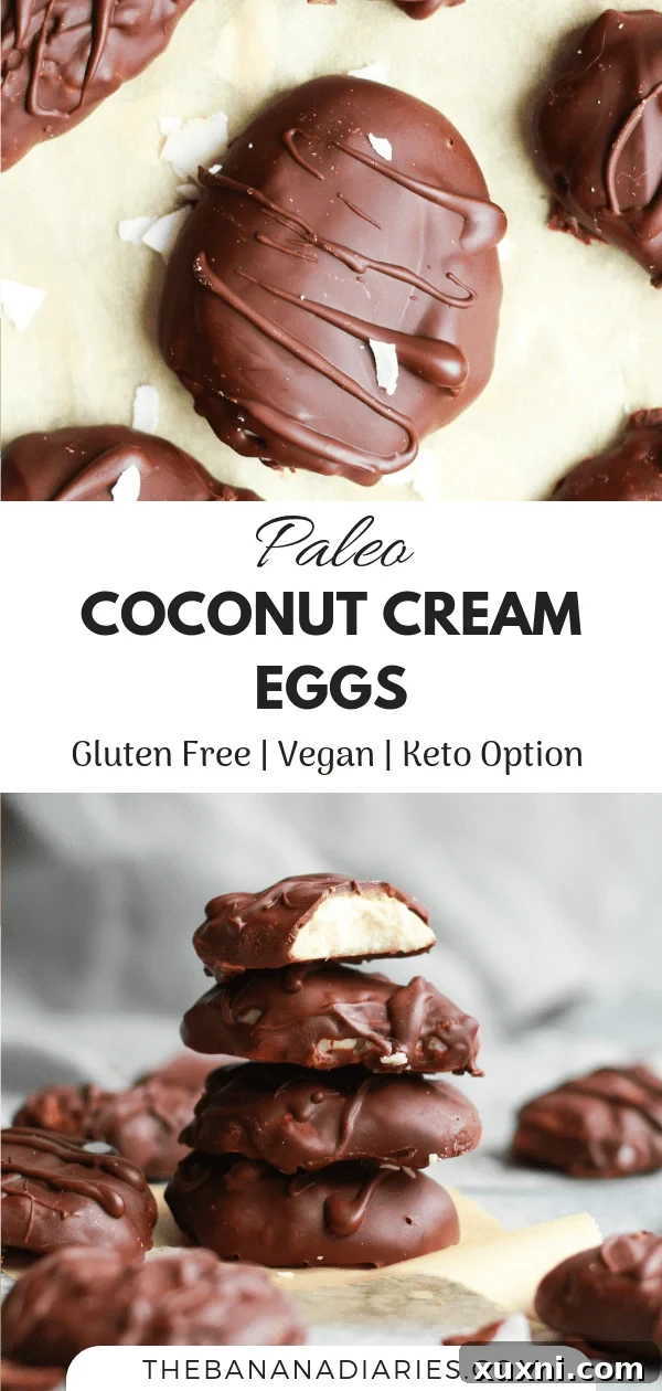 Pinterest pin for coconut cream eggs, featuring delicious vegan and paleo options for Easter.