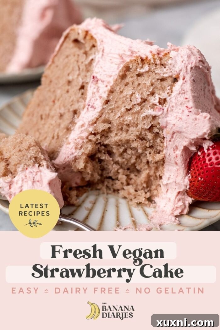 Pinterest pin for One Bowl FRESH Vegan Strawberry Cake (No Food Coloring! Easy!), featuring a tempting cake slice.