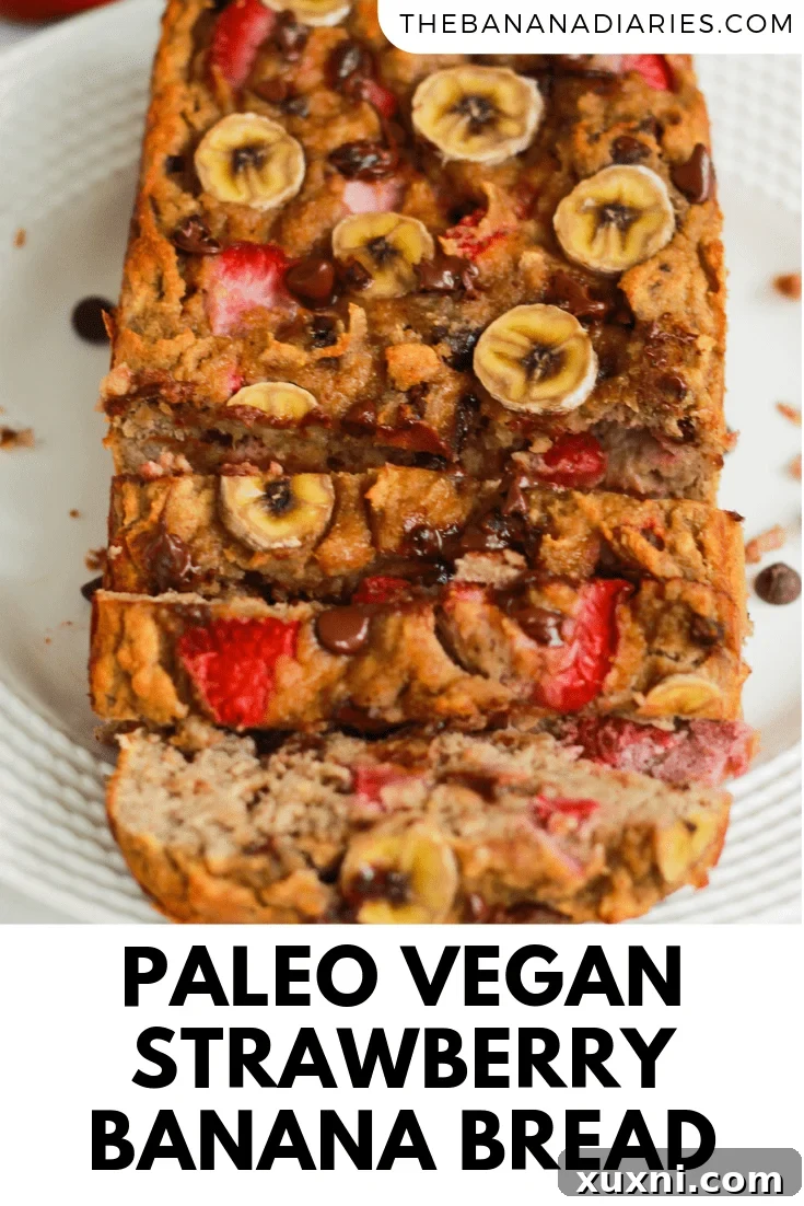 Pinterest image for this healthy Paleo vegan strawberry banana bread recipe.