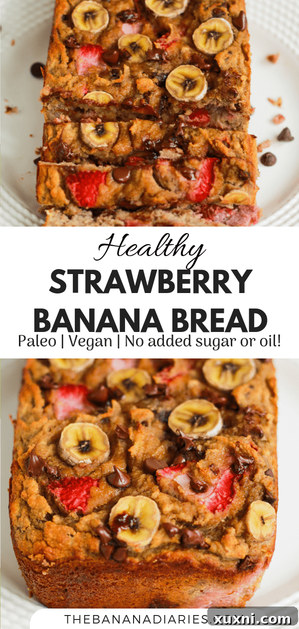 Another Pinterest image for healthy strawberry banana bread, inviting users to save the recipe.