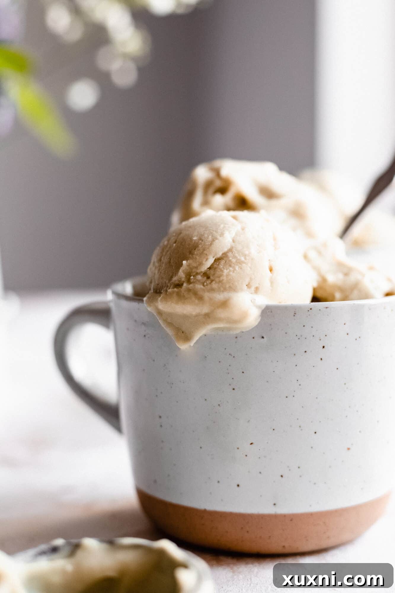 Close up of a mug with vegan vanilla ice cream, showing a slight drip