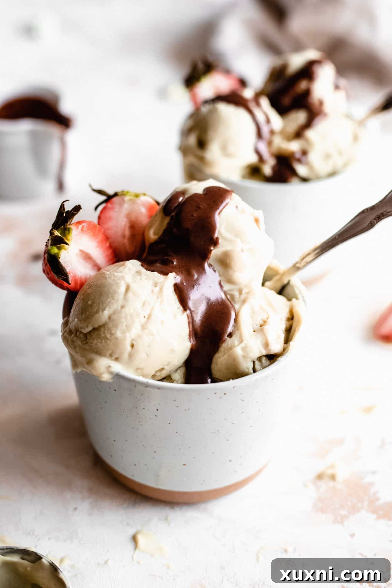 Close up of an ice cream sundae with various toppings