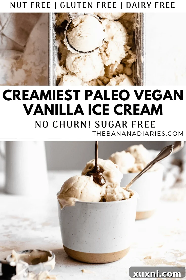 Pinterest image for vanilla ice cream, featuring finished scoops