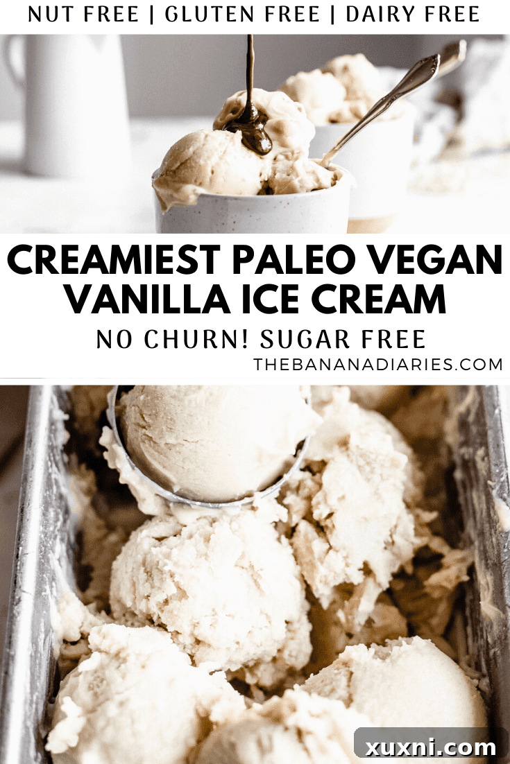 Pinterest graphic for no-churn paleo vegan vanilla ice cream
