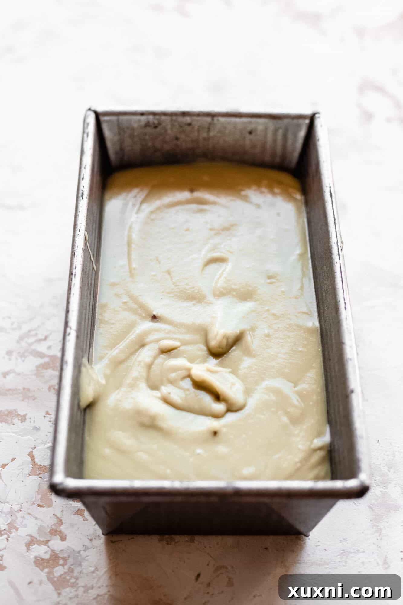 Ice cream mixture in a loaf pan before freezing