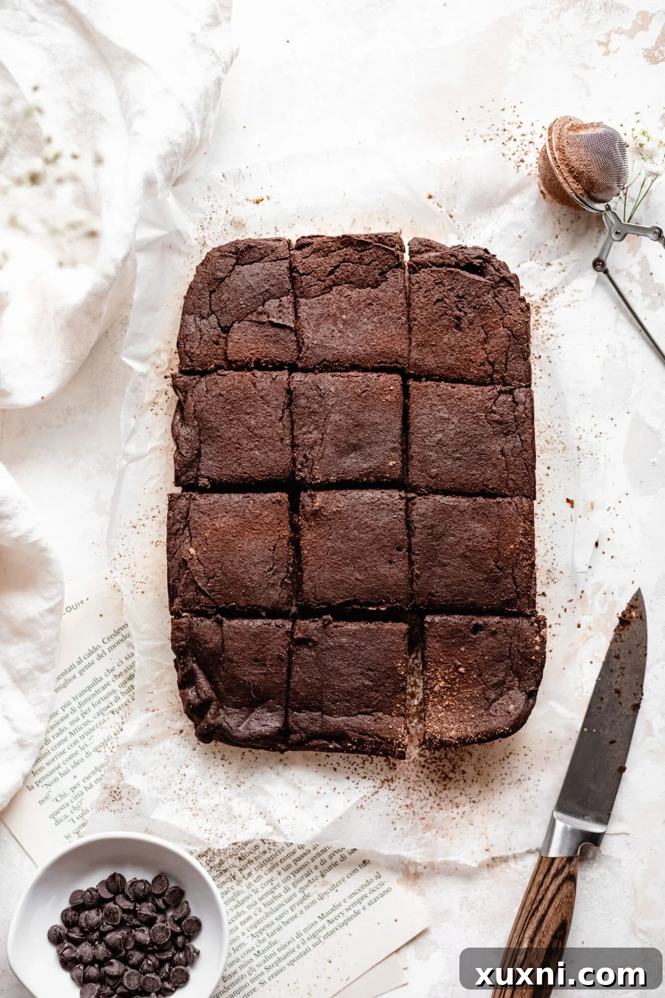 freshly baked and sliced vegan brownies ready to be served