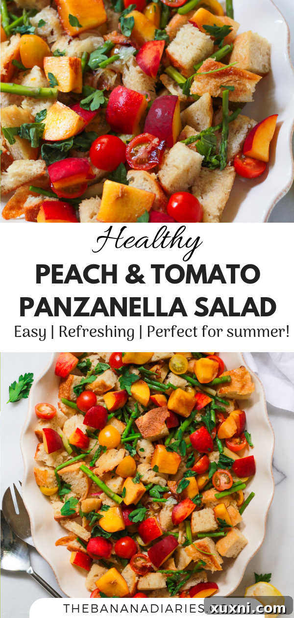 Pinterest image for peach and tomato panzanella salad