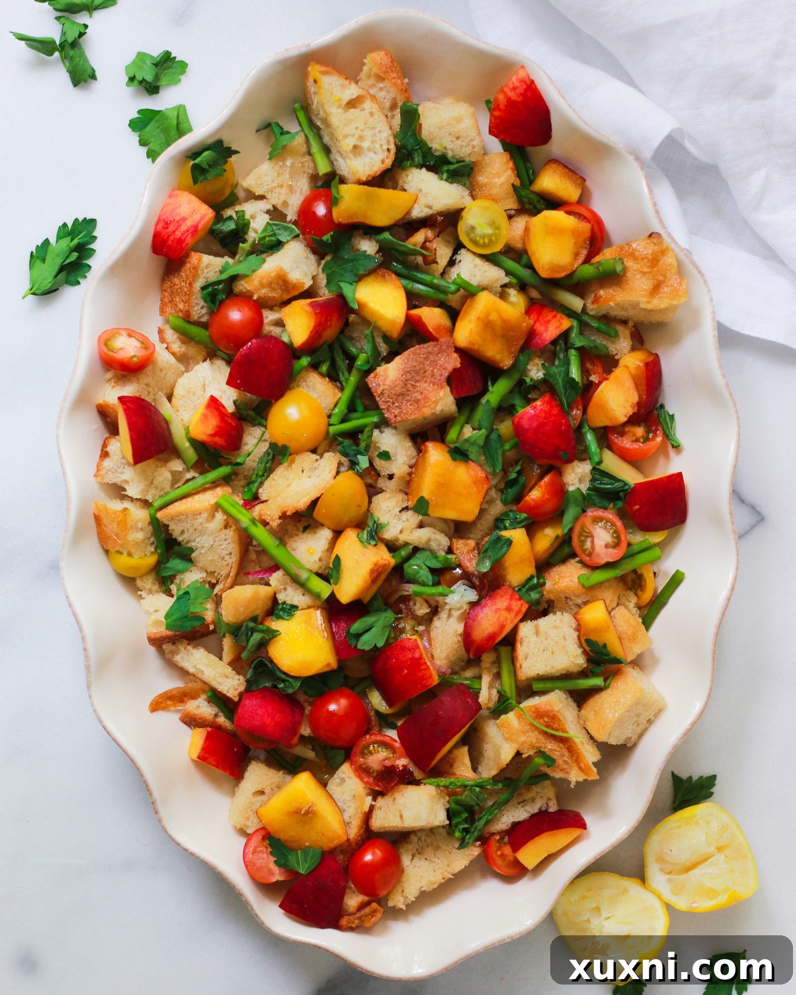finished panzanella salad in deep dish serving bowl