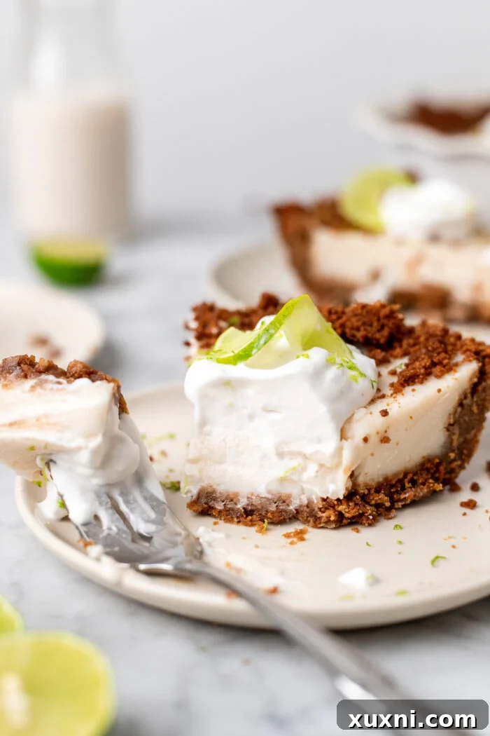 slice of vegan key lime pie with a bite taken out