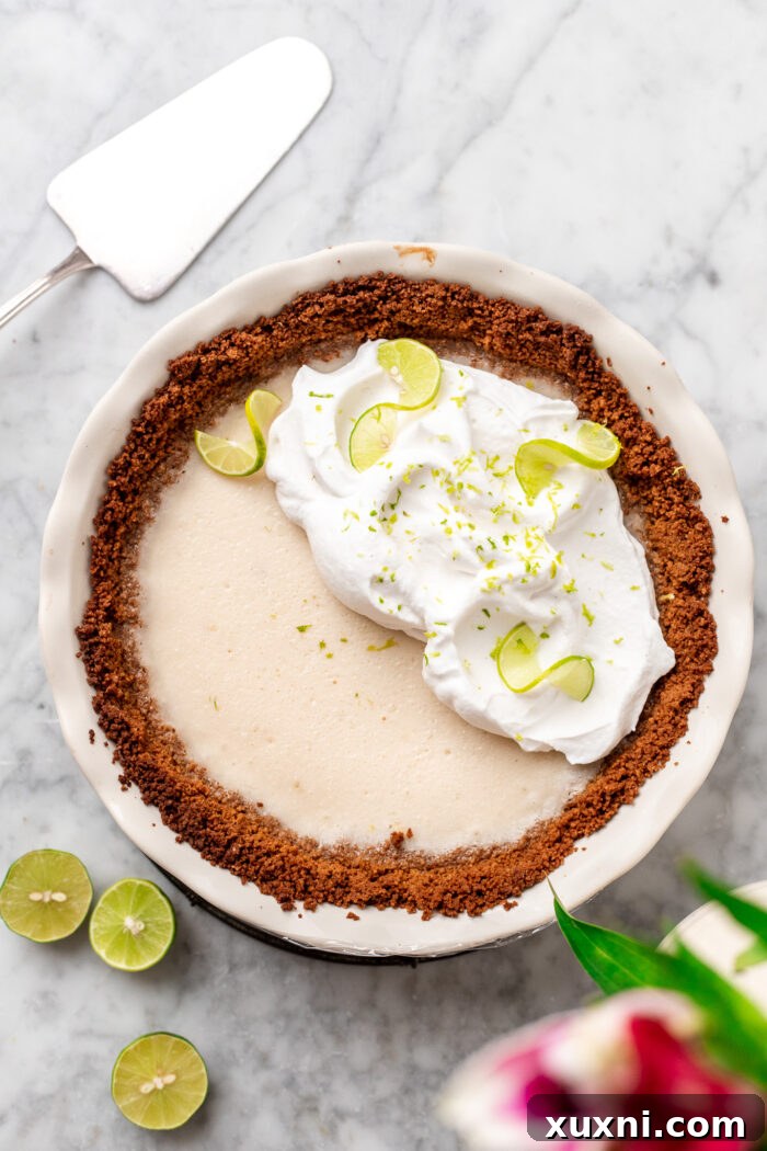 decorated key lime pie with vegan whipped cream and lime zest