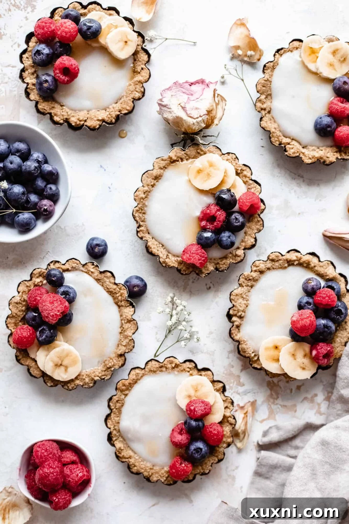 Assorted mini vegan fruit tarts with vibrant berries on a rustic backdrop, perfect for healthy summer desserts.
