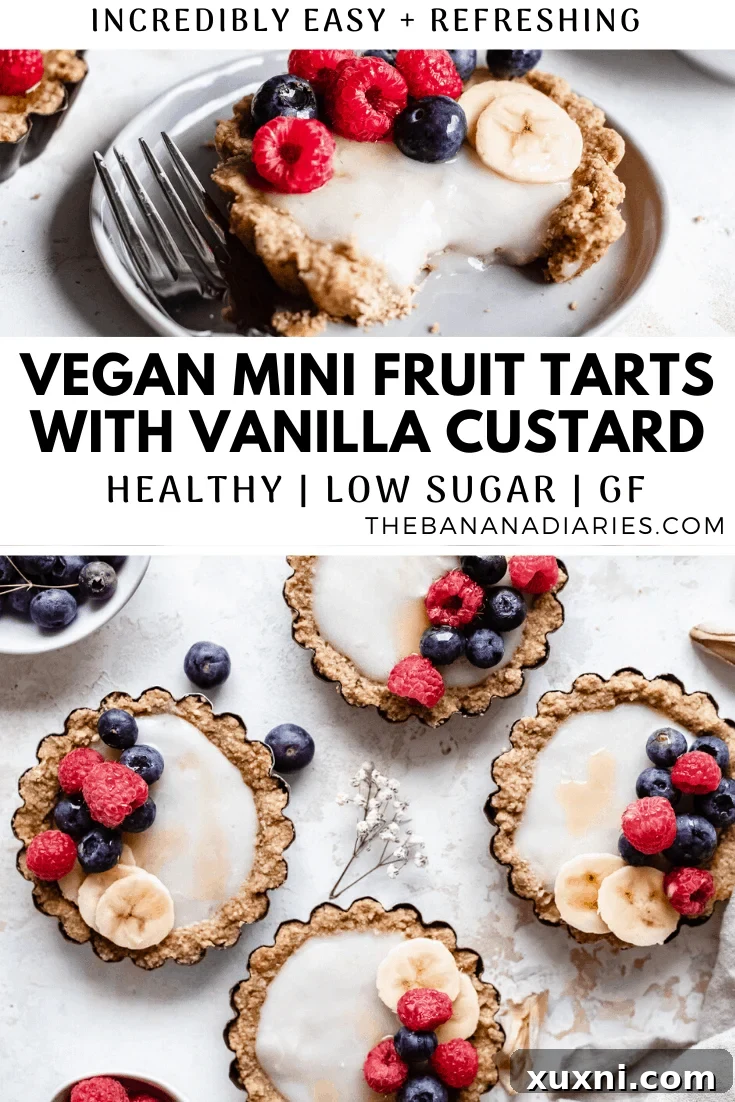Pinterest-optimized image for saving the healthy vegan mini fruit tarts with vanilla custard recipe.