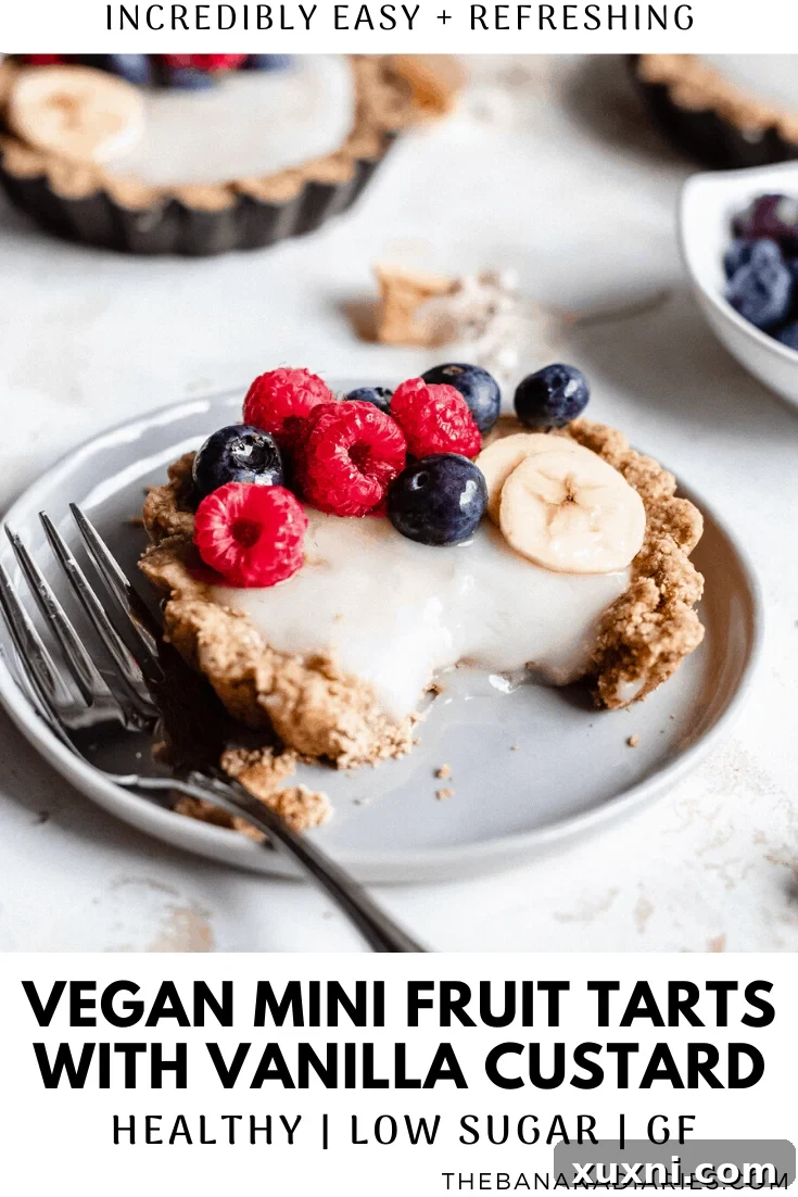 Another Pinterest-friendly image for healthy vegan mini fruit tarts, encouraging readers to save the recipe.