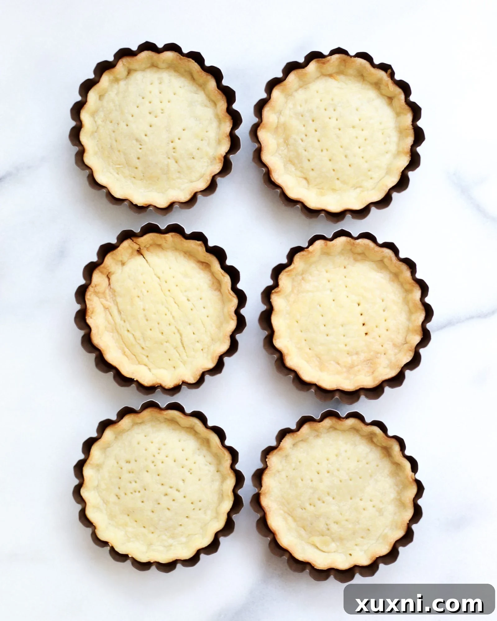 Mini vegan tartlet pie crusts meticulously cut and ready to be pressed into the tartlet molds.