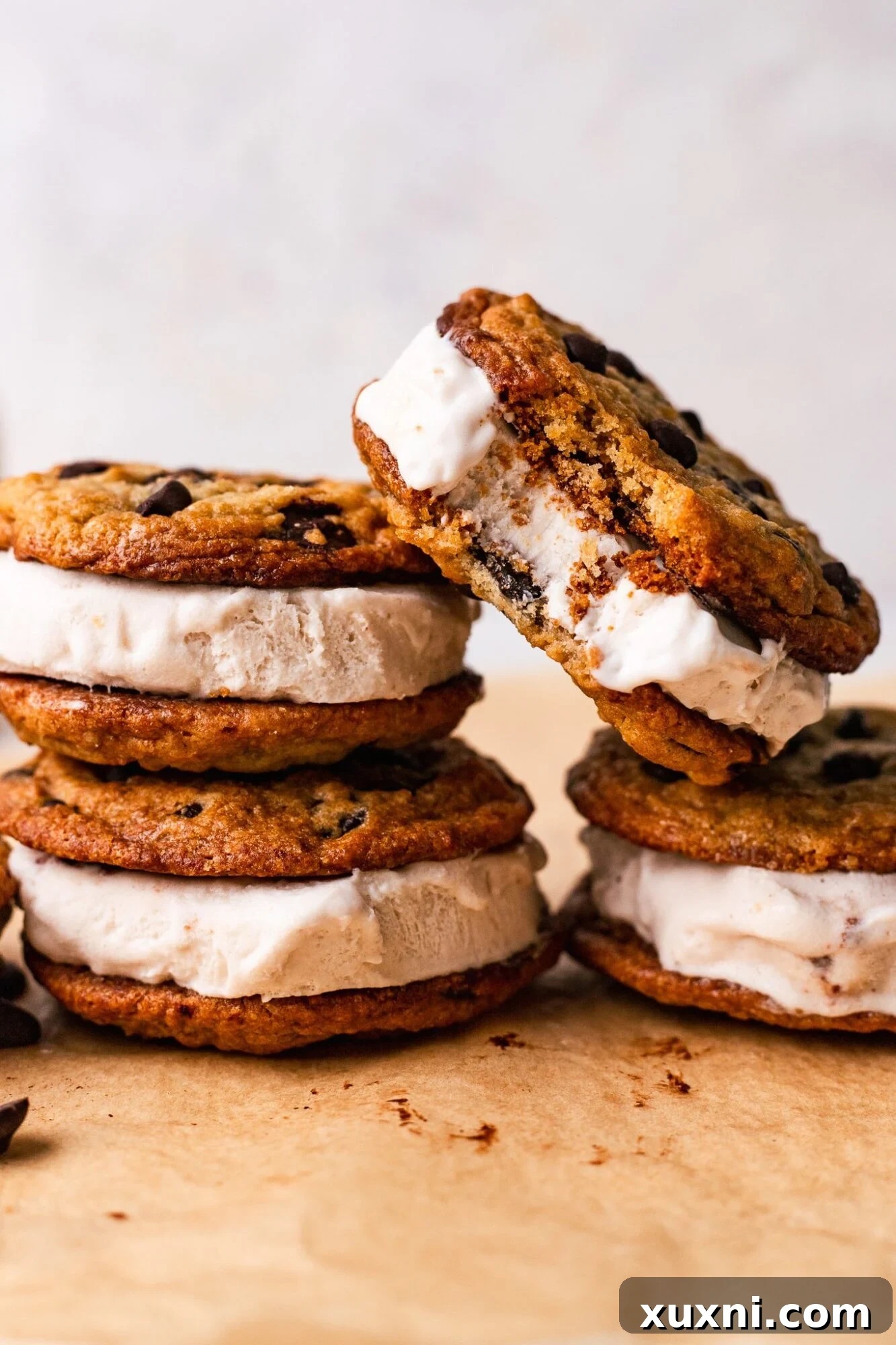 Indulgent Homemade Vegan Chipwich 2 stacked dairy free ice cream sandwiches