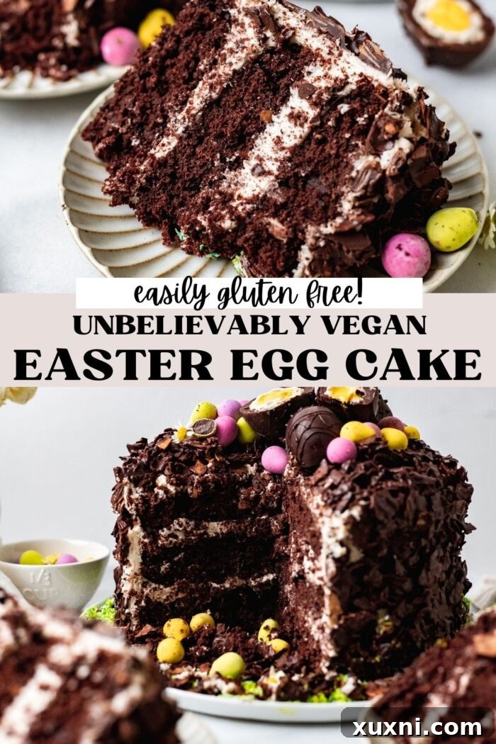 Vegan Easter cake Pinterest pin image, showcasing the beautifully decorated cake.