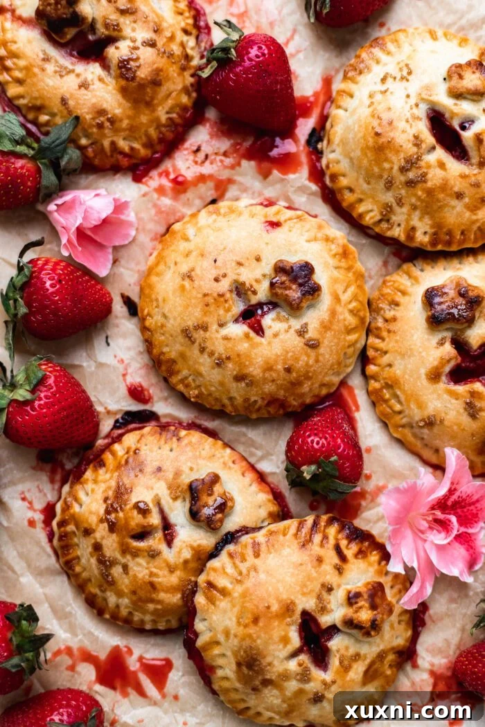 Beautifully arranged vegan strawberry hand pies on parchment paper, showcasing their golden crusts and a hint of fresh strawberry filling peeking through.
