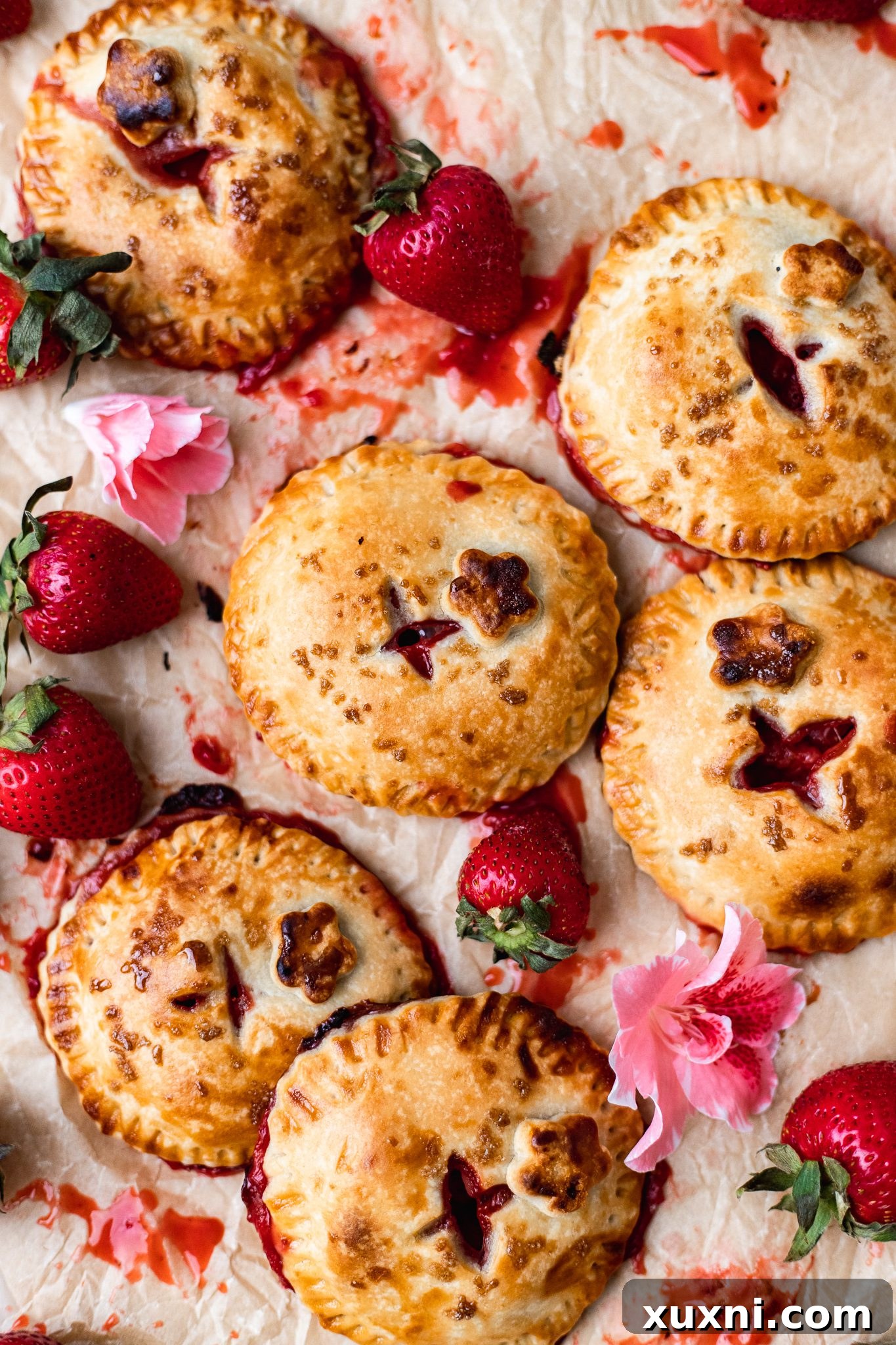 Freshly baked vegan strawberry hand pies cooling on a baking sheet lined with parchment paper, golden and inviting.