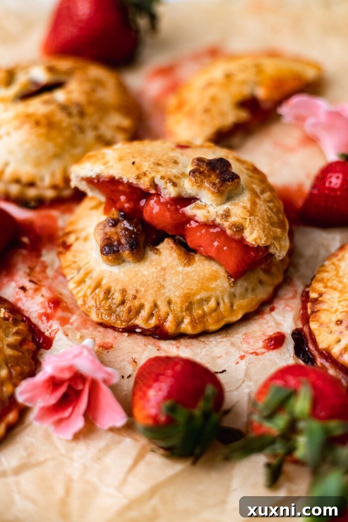 A freshly sliced vegan strawberry hand pie, revealing its vibrant, sweet filling, resting on parchment paper.